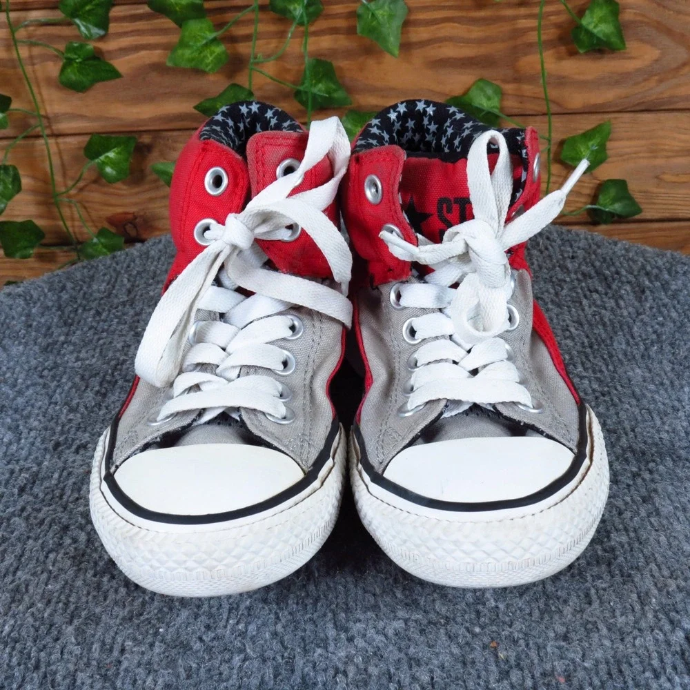 Converse‎ High Street Boys Athletic Shoe Size 2 Casual Red Grey Canvas Sneakers